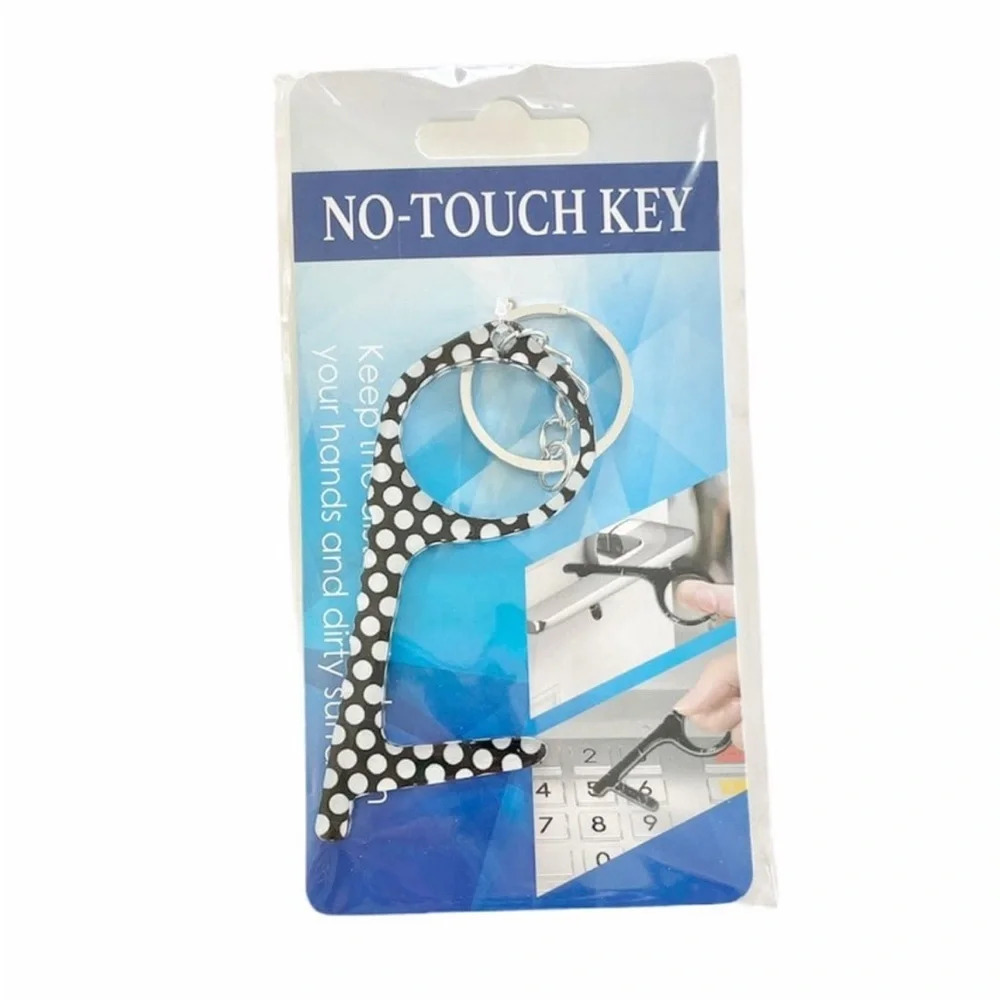 No-Touch Key and Door Handle Opener Keychain Black & White Polka Dot Design